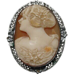 Sterling Silver Cameo Brooch Pin Vintage Carved Lady Portrait Ornate Filigree Fr